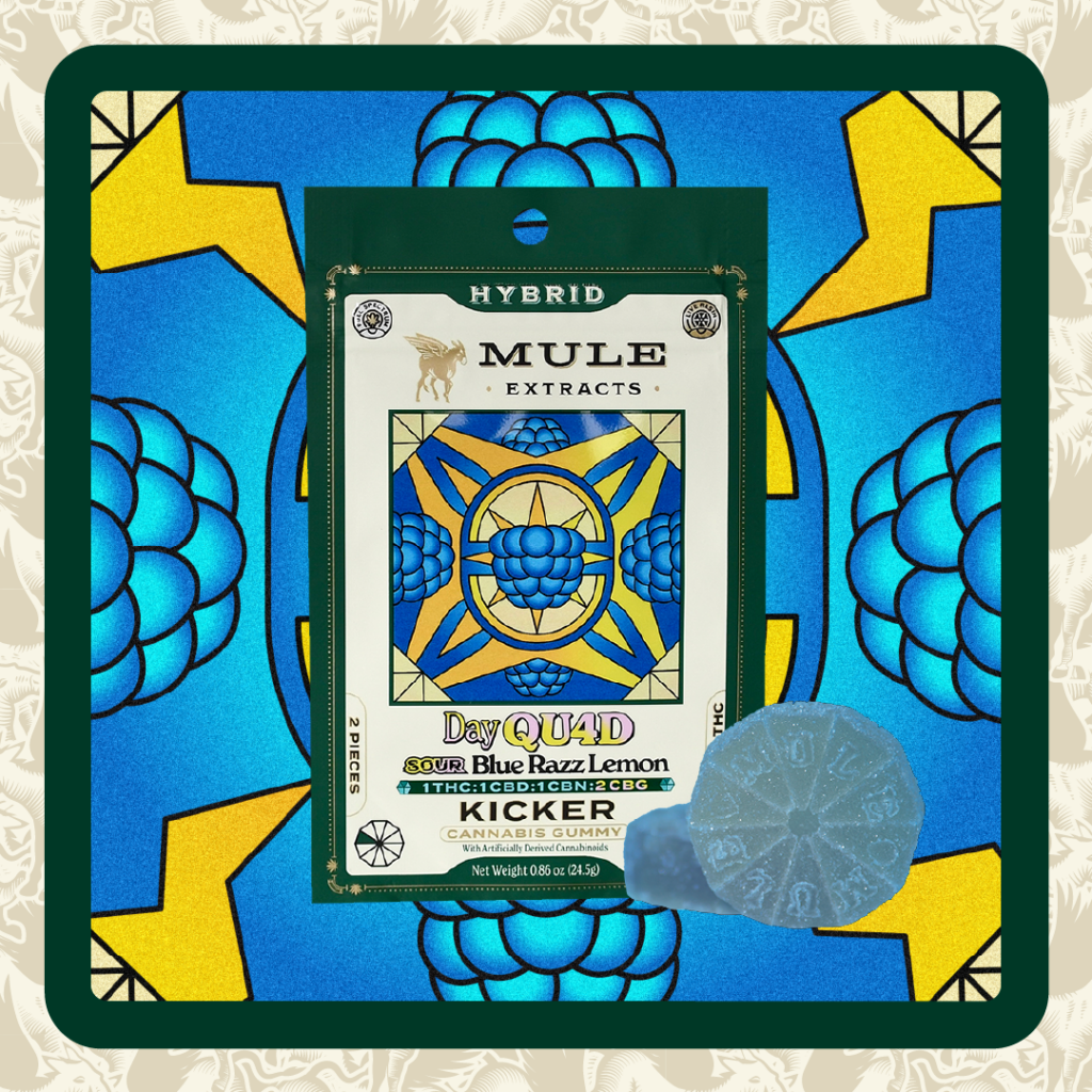 MULE 100MG 1:1:1:2 THC/CBD/CBN/CBG SOUR BLUE RAZ LEMON GUMMY - HYBRID